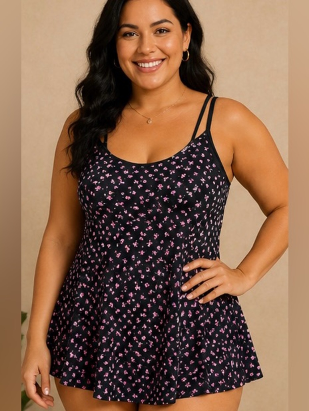 Mainstream Black & Pink Floral Spaghetti Swimsuit - Size 12
